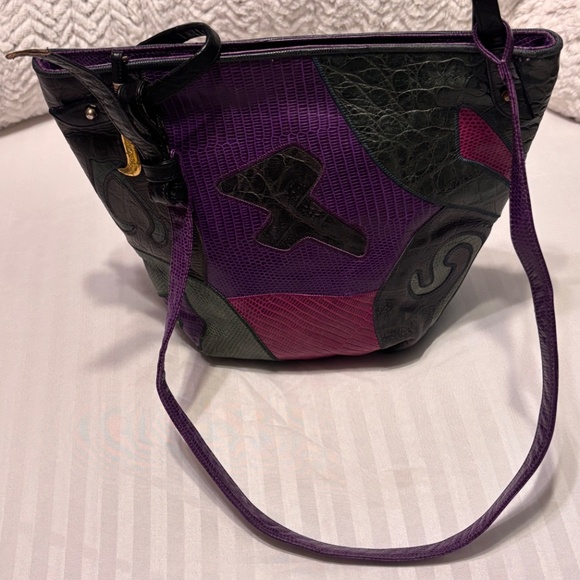 SHARIF Handbag Green Purple & Red Embossed Leather Full Zip - Picture 4 of 14